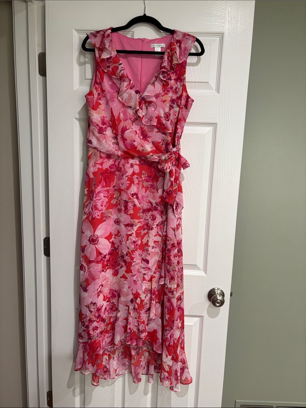 London Times Pink Floral Maxi Wrap Dress with Ruffle Trim